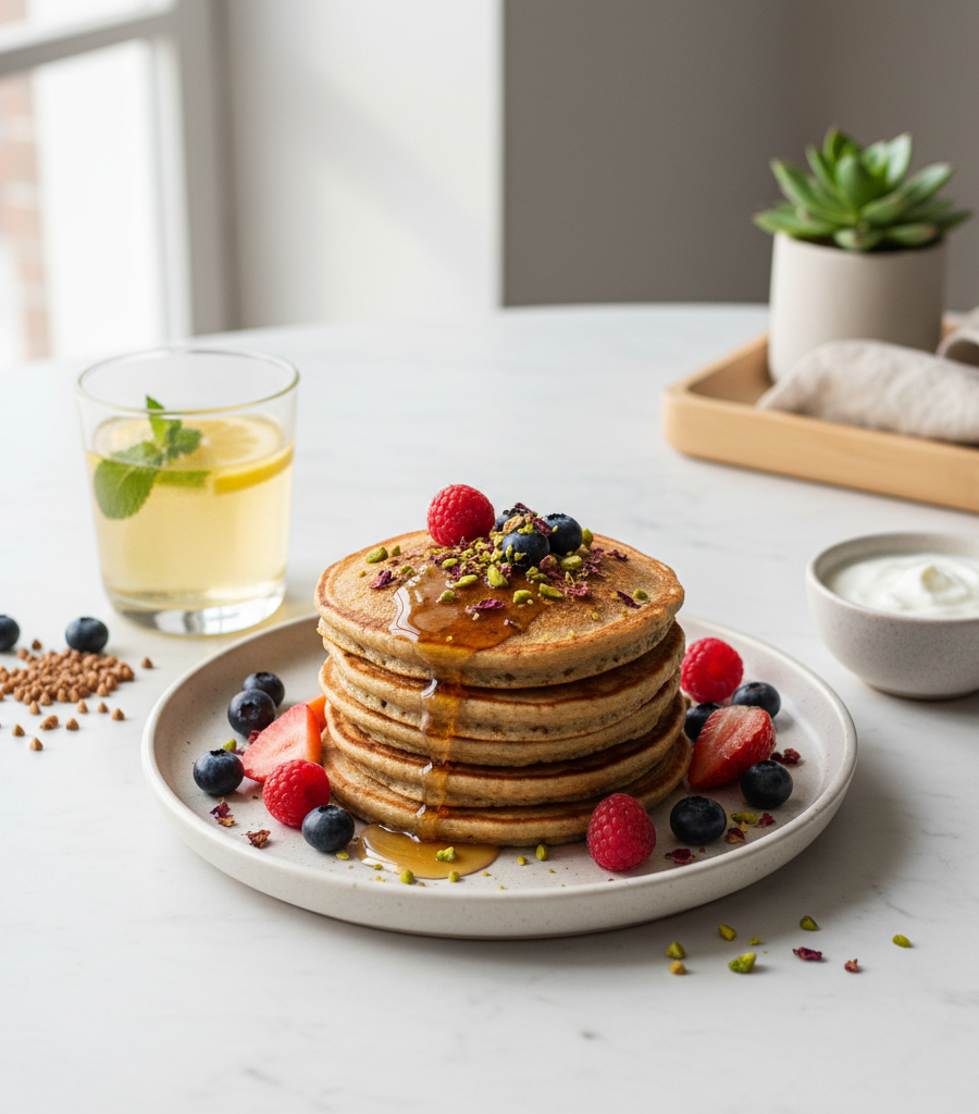 A healthy breakfast with whole-grain pancakes and forest fruits according to the principles of an Ayurvedic diet for diabetes.