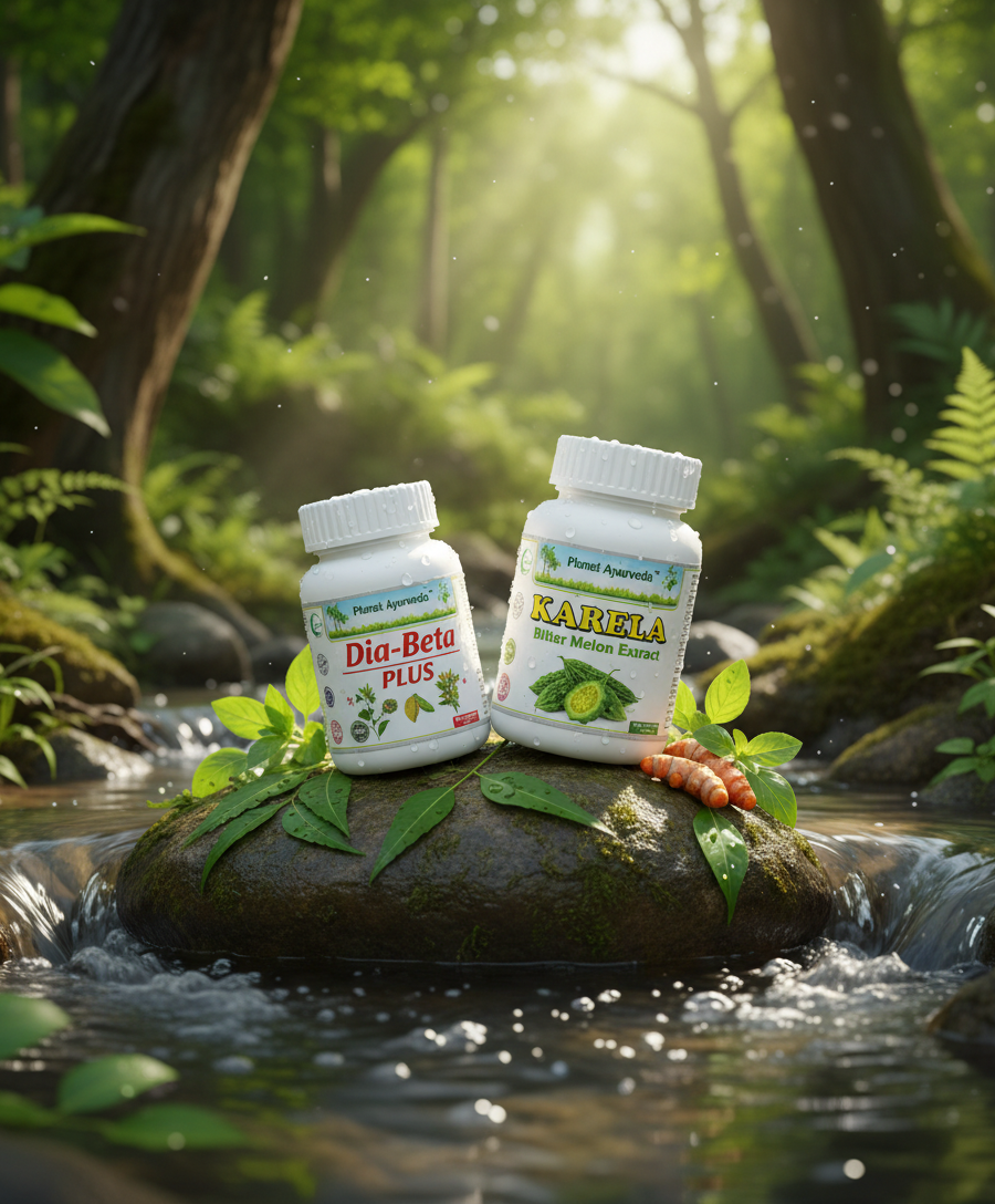 Natural supplements Karela and Dia-Beta Plus to support an Ayurvedic diet for diabetes.