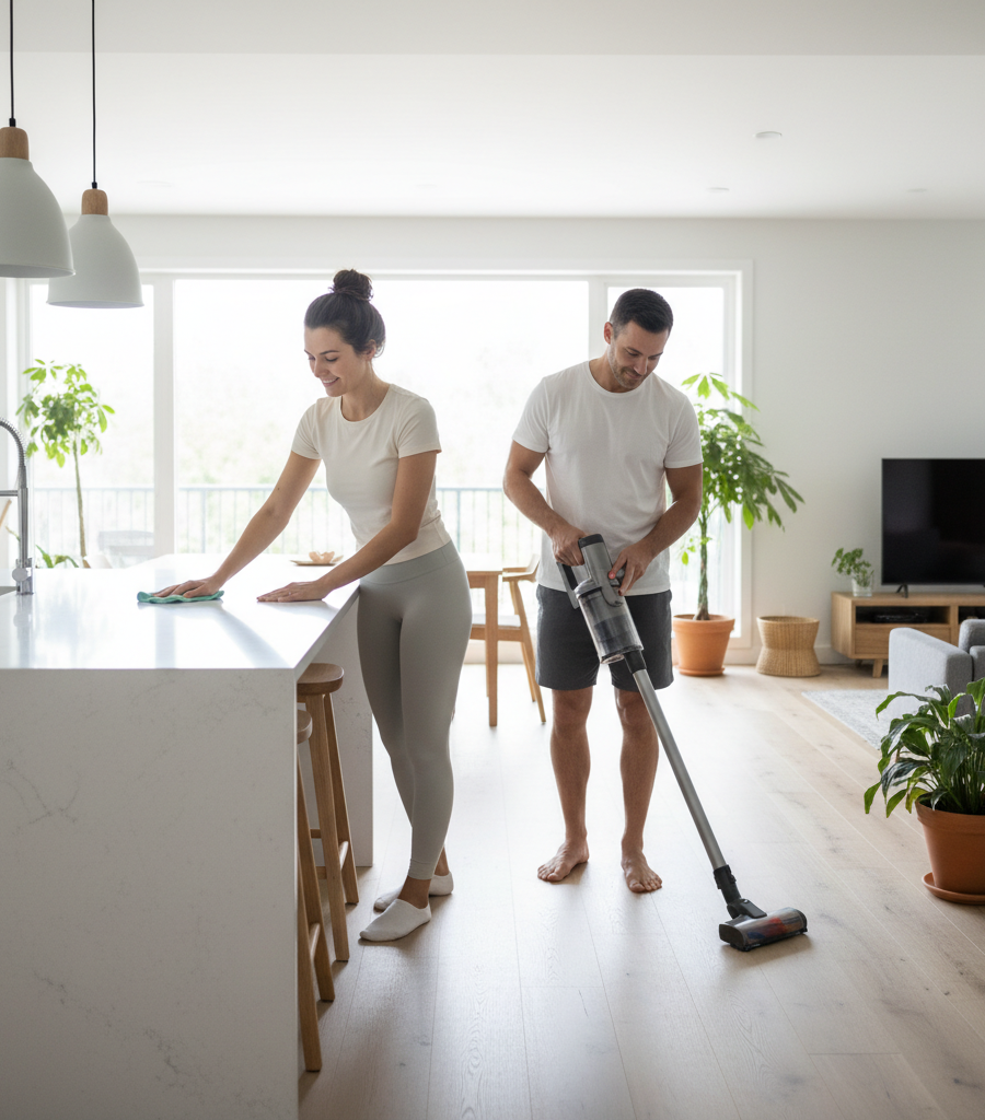 A young couple maintaining home hygiene using safe and non-toxic cleaning agents.