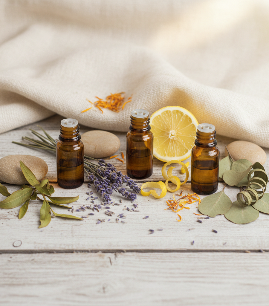 Lavender and lemon essential oils as natural ingredients for homemade non-toxic cleaning agents.
