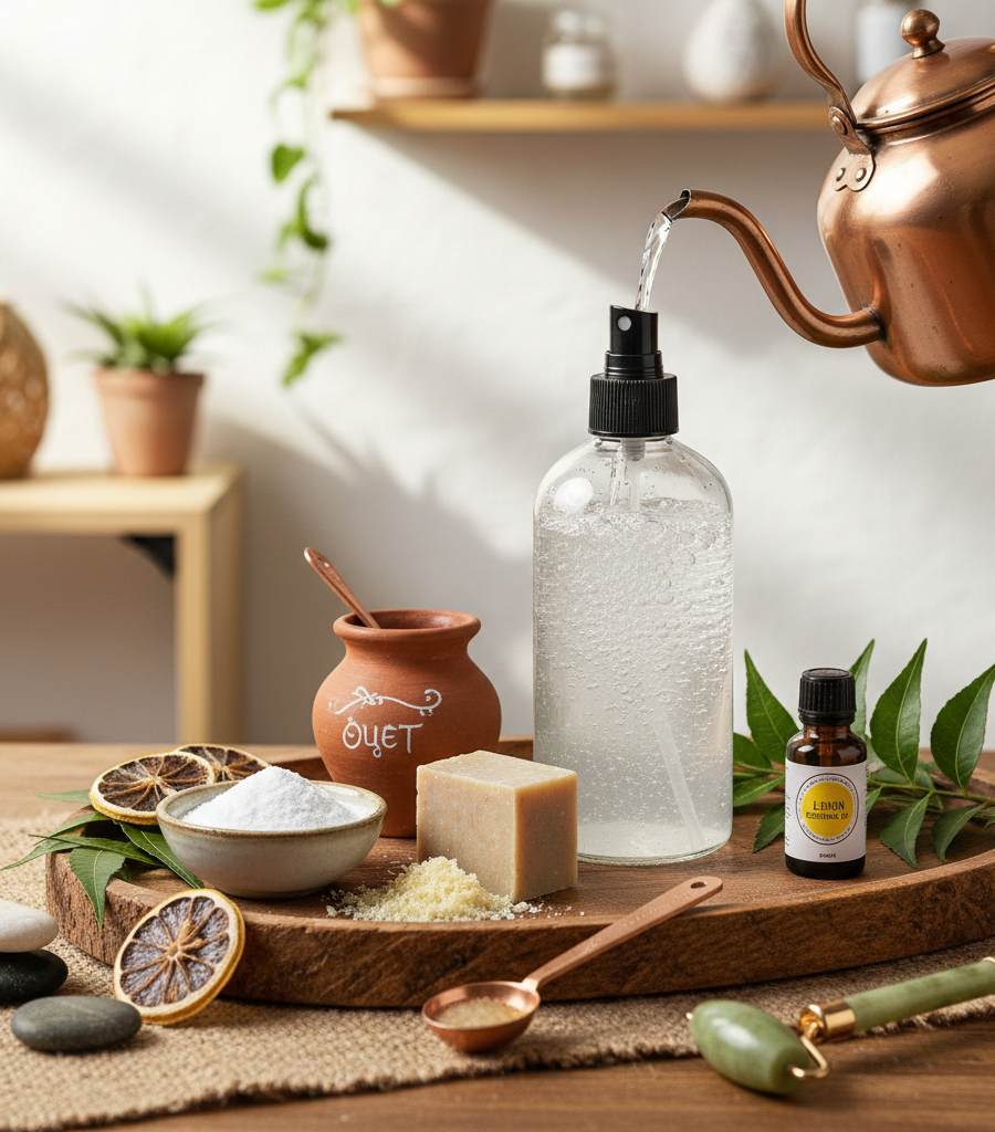 Preparation of a homemade solution with vinegar, baking soda, and Neem as effective non-toxic cleaning agents.
