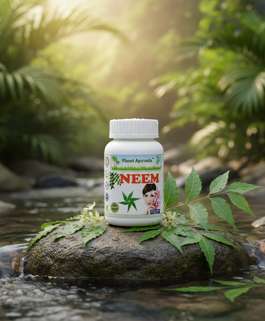 Neem capsules used for internal detoxification and as an additive in non-toxic cleaning agents.