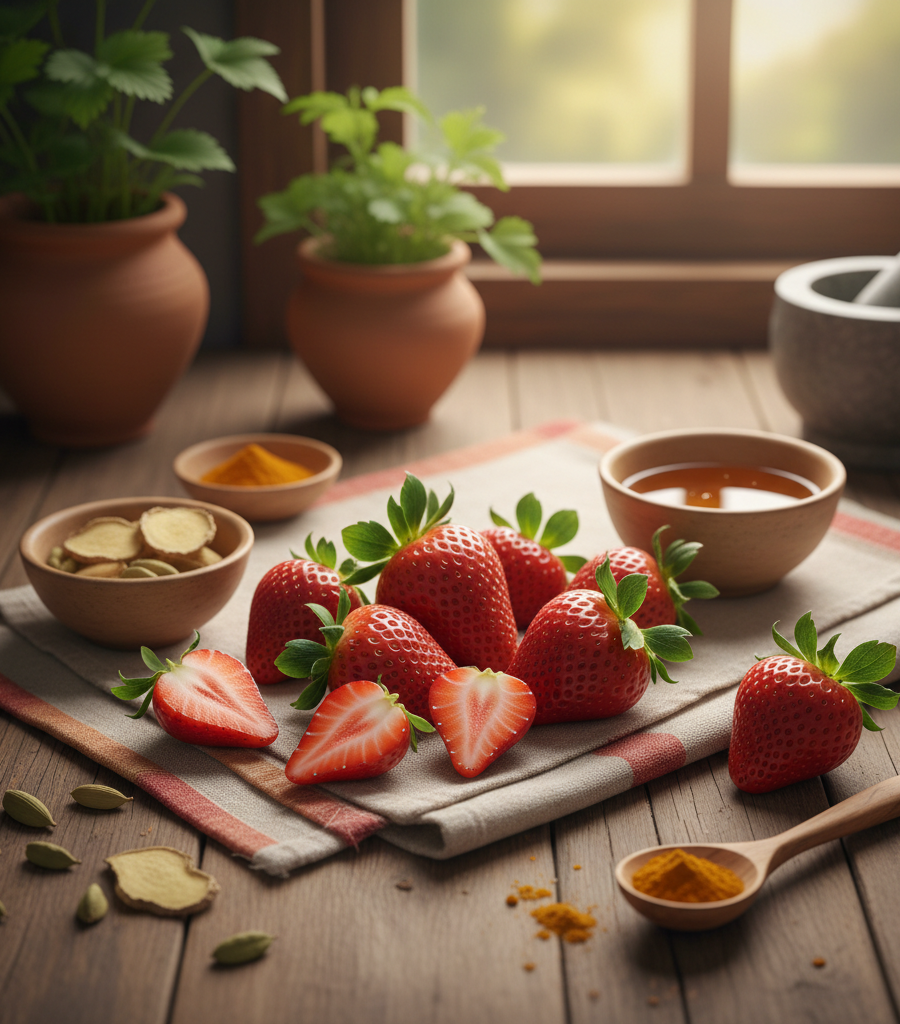 Fresh and juicy strawberries on a wooden table representing the main health benefits of strawberries as part of a natural diet