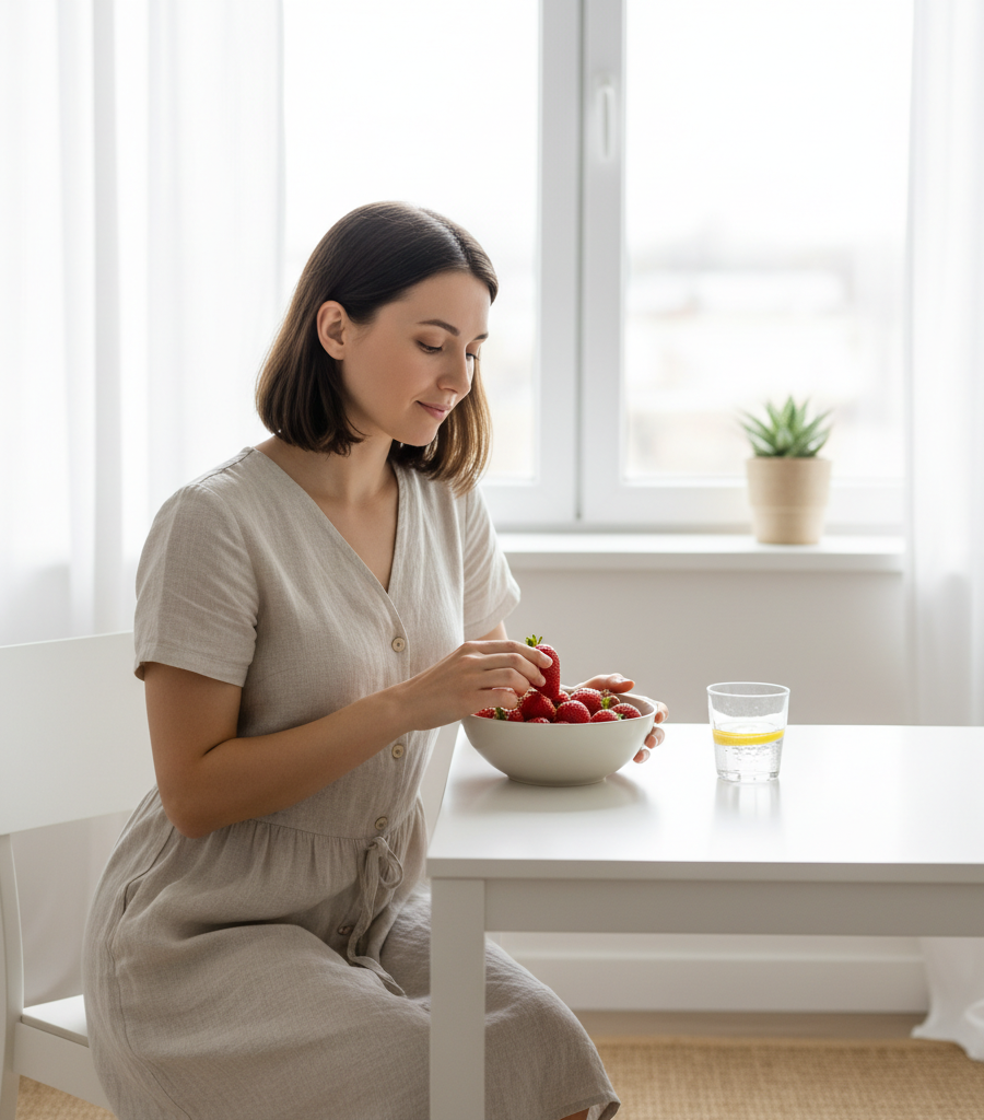 Young woman enjoying a fresh bowl of fruit and using all the health benefits of strawberries for vitality