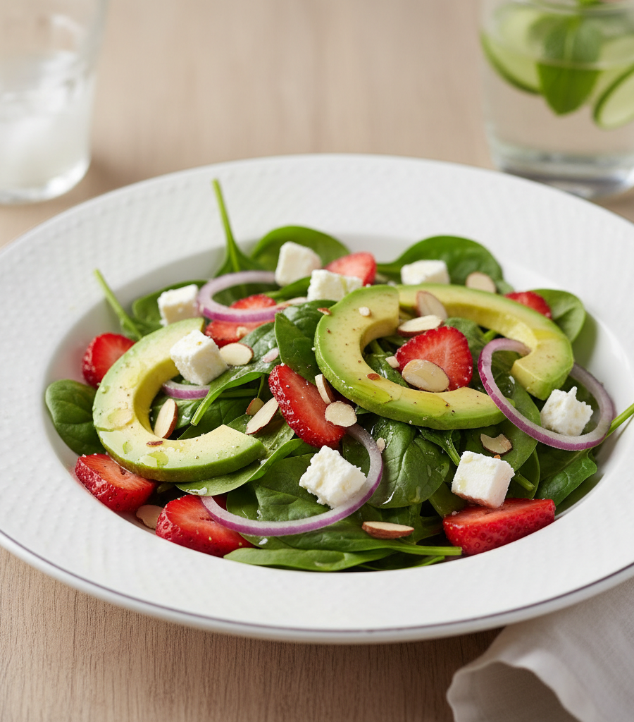 Healthy summer salad with spinach, avocado, and berries highlighting the main health benefits of strawberries in the diet