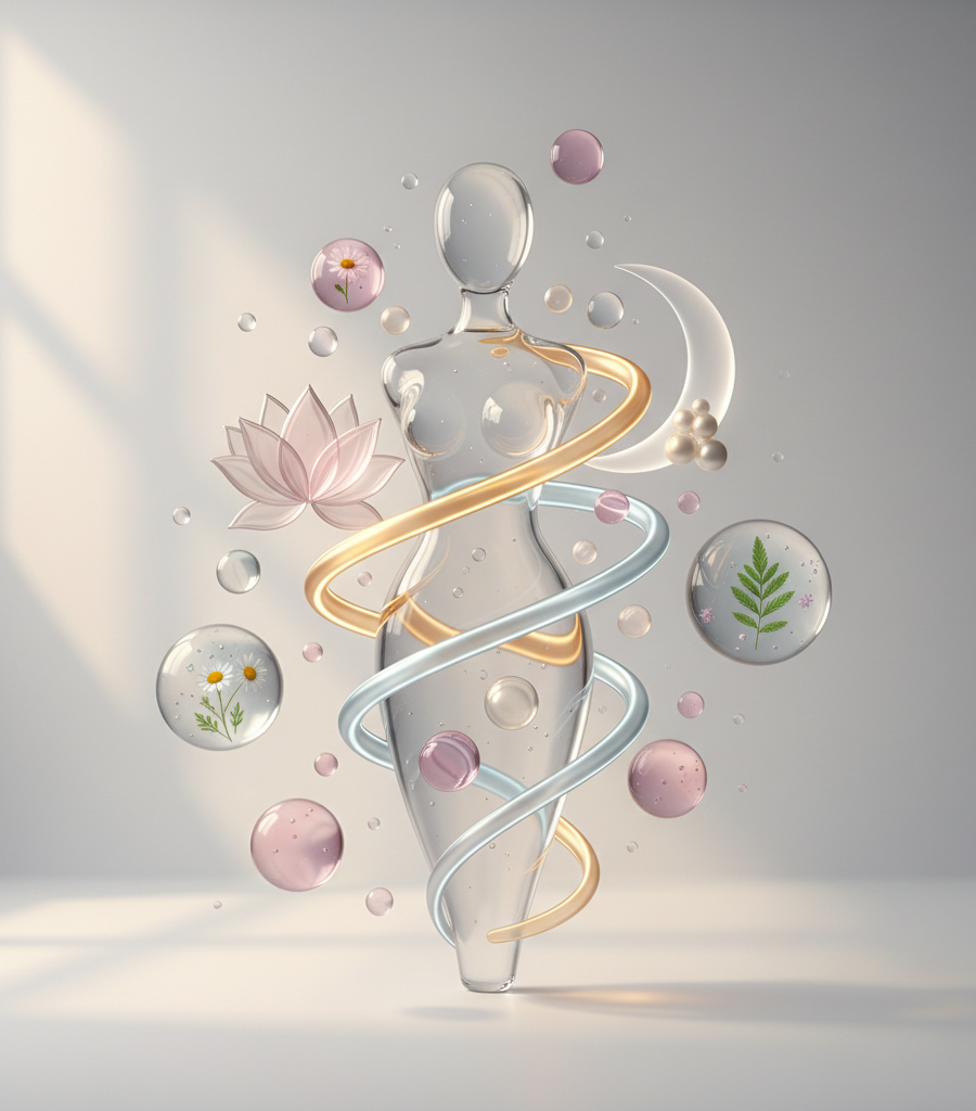 Holistic representation of the female body and energy through Ayurveda for hormonal balance.