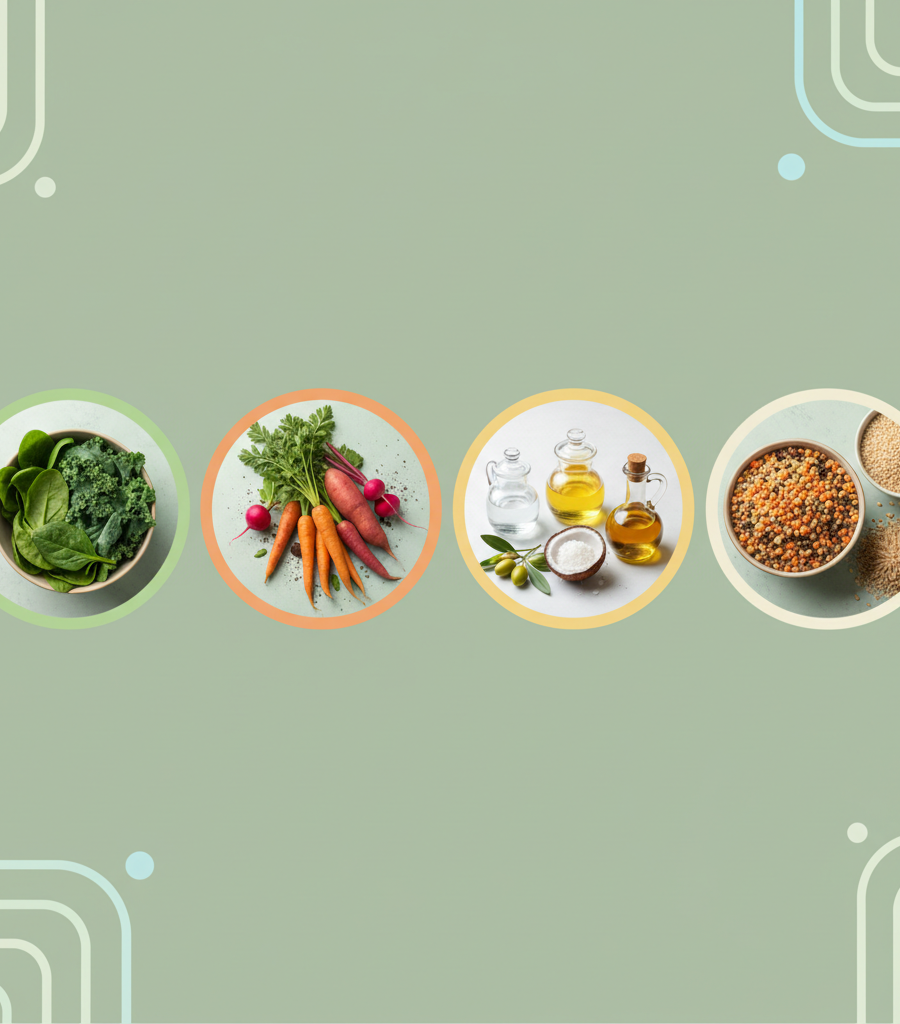 Selection of healthy foods, oils, and seeds recommended in Ayurveda for hormonal balance.