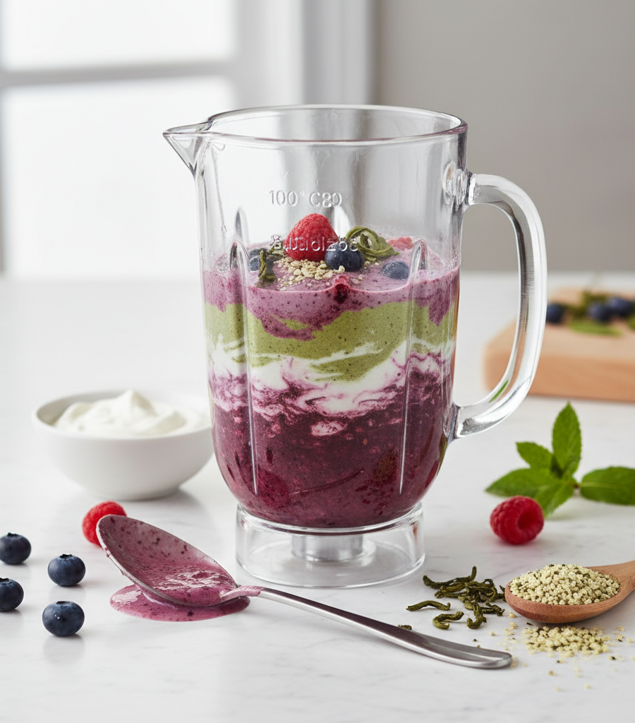 Preparation of a nutritious smoothie with berries and seeds as part of Ayurveda for hormonal balance.