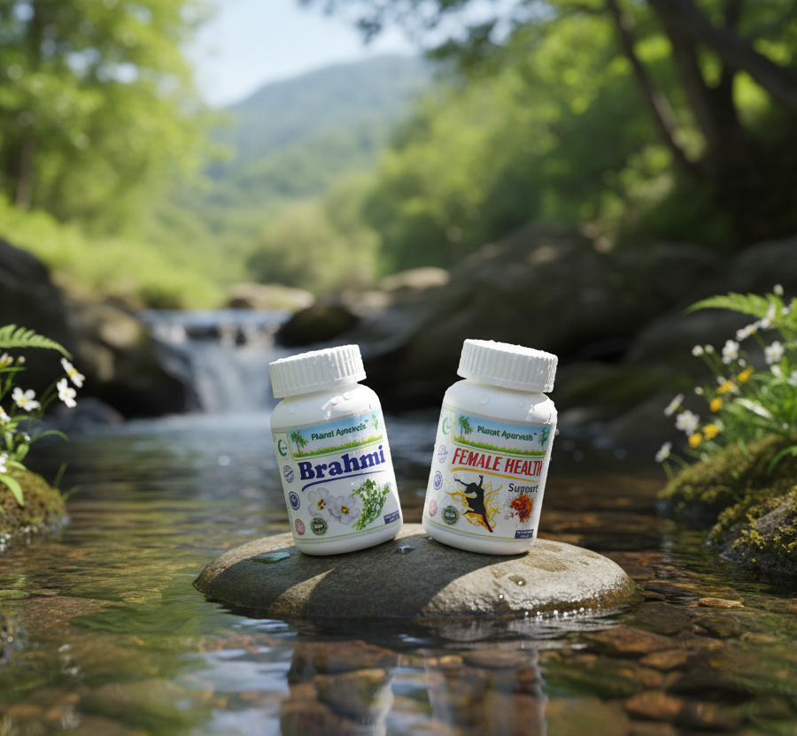 Natural Ayurvedic supplements Brahmi and Female Health Support for hormonal balance.