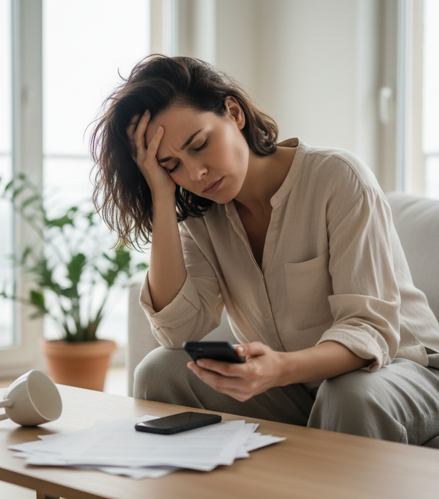 Woman feeling intense mental stress and cholesterol risk due to increased cortisol.