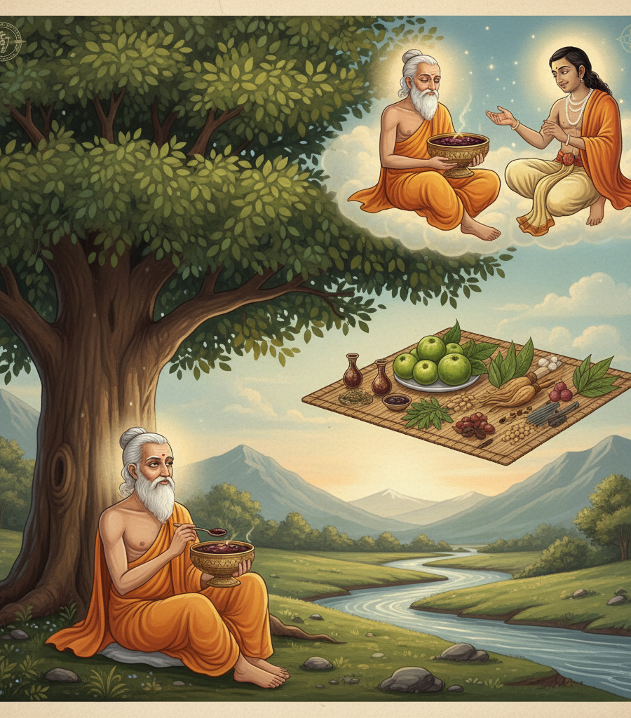 alt="Illustration of the ancient legend where Sage Chyawan receives the recipe, depicting the natural herbs and ingredients that make up Brahmi Chyawanprash for immunity and vitality."
