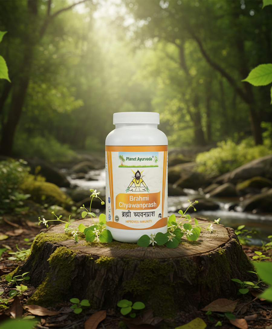 alt="A bottle of the Ayurvedic supplement Brahmi Chyawanprash for immunity, placed on a mossy log in a natural and sunny forest setting."