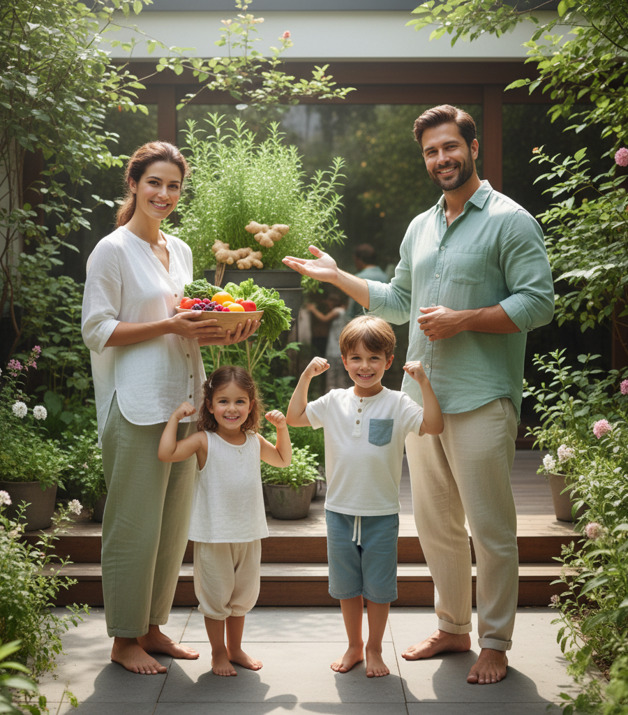 alt="A healthy and happy modern family in a green garden; children showing strength, illustrating the health benefits of regular use of Brahmi Chyawanprash for immunity."