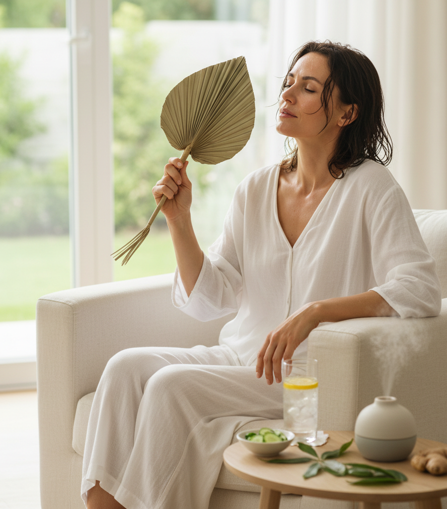 alt="A woman cooling herself with a fan during a hot flash, seeking symptom relief through natural menopause treatment."
