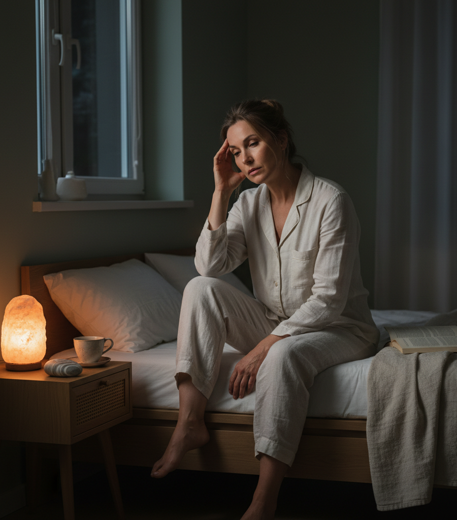 alt="A woman sitting awake on the edge of the bed at night, feeling stress and insomnia as symptoms requiring effective natural menopause treatment."