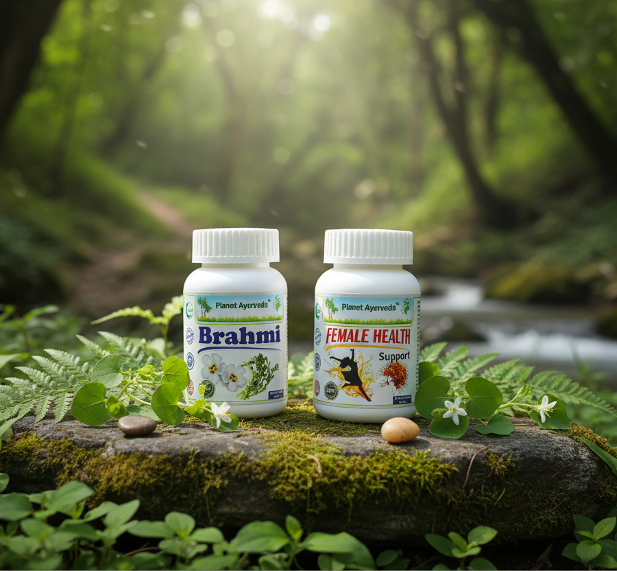 alt="Natural herbal supplements Brahmi and Female Health Support placed on a rock in a forest, used as a natural menopause treatment for hormonal balance."