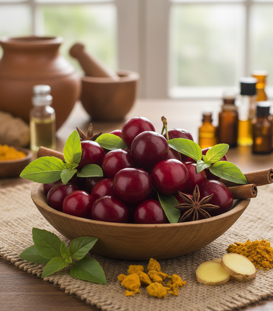 A bowl of fresh cherries and medicinal herbs like cinnamon and ginger, part of the list of powerful superfruits for immunity.