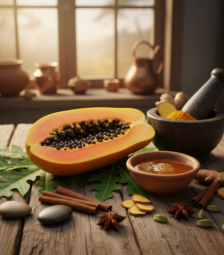 Exotic papaya with honey and Ayurvedic herbs, known as one of the most powerful superfruits for glowing skin.