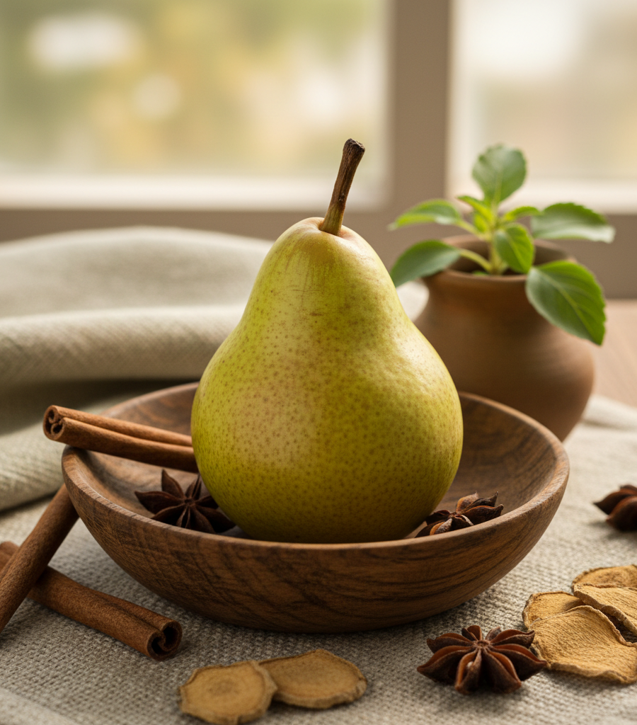 Fresh juicy pear in a wooden bowl with Ayurvedic spices, an example of healthy superfruits for better digestion.