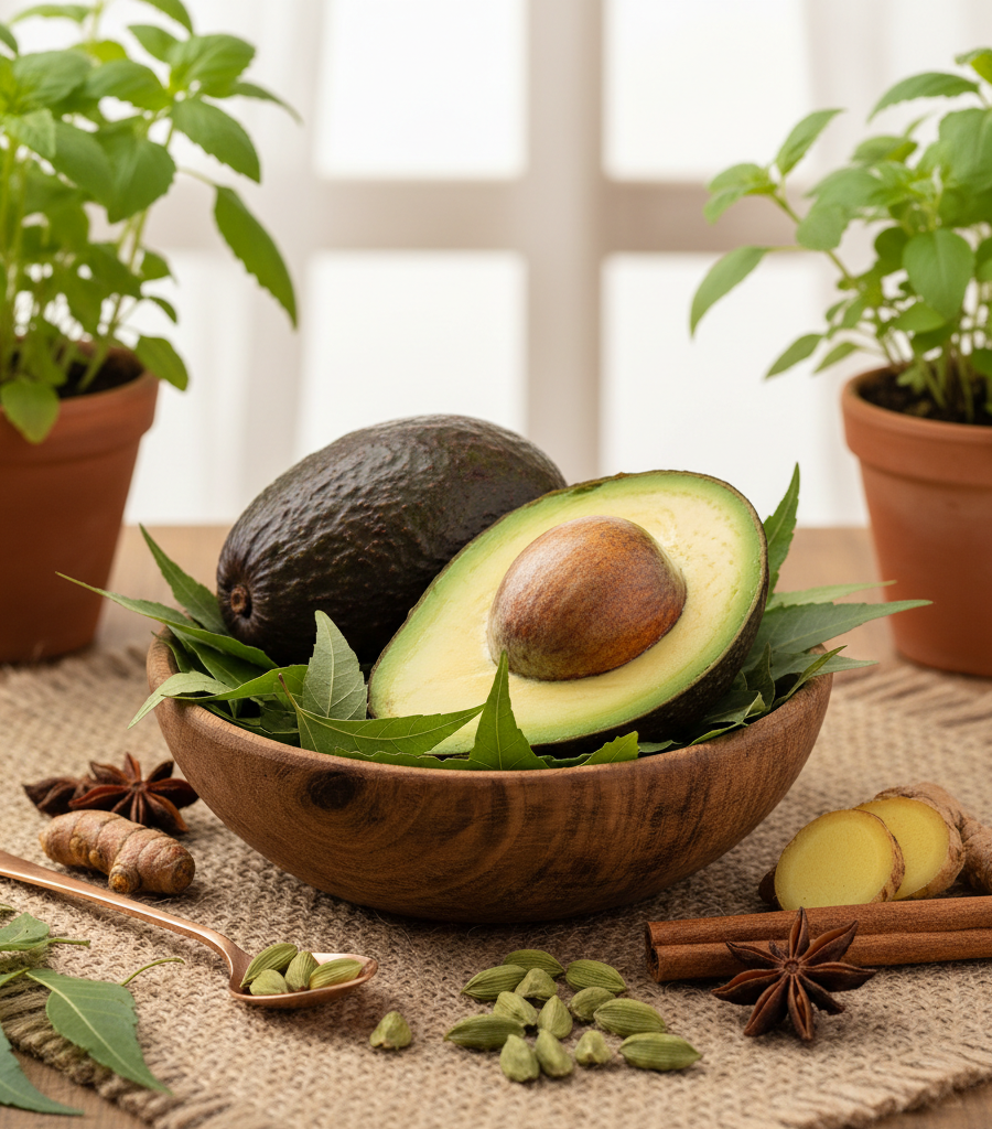 A cut avocado with turmeric and spices in a wooden bowl, one of the healthiest representatives of the superfruit category.