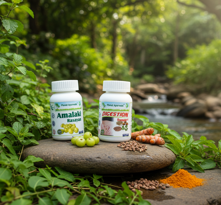Natural products Amalaki Rasayan and Digestion Support combined with fresh superfruits.