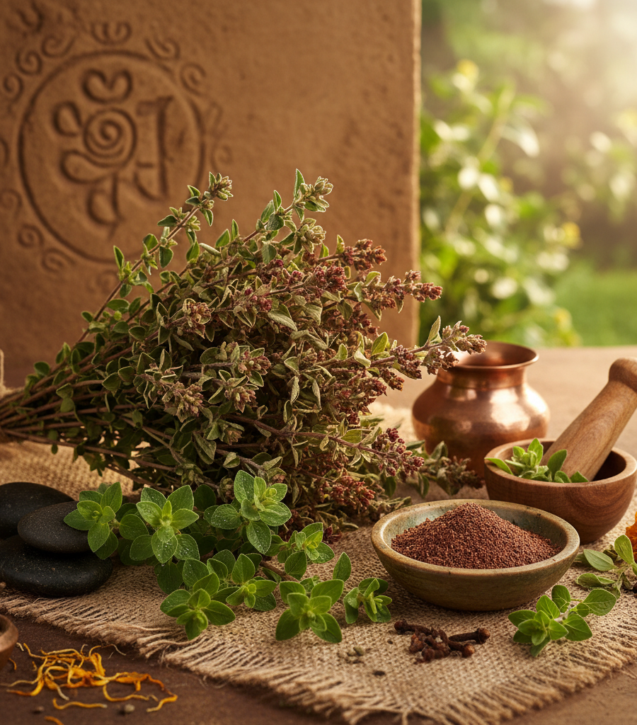 Fresh and dried oregano with a mortar and copper vessel, highlighting these healthy cooking herbs in a traditional setting.