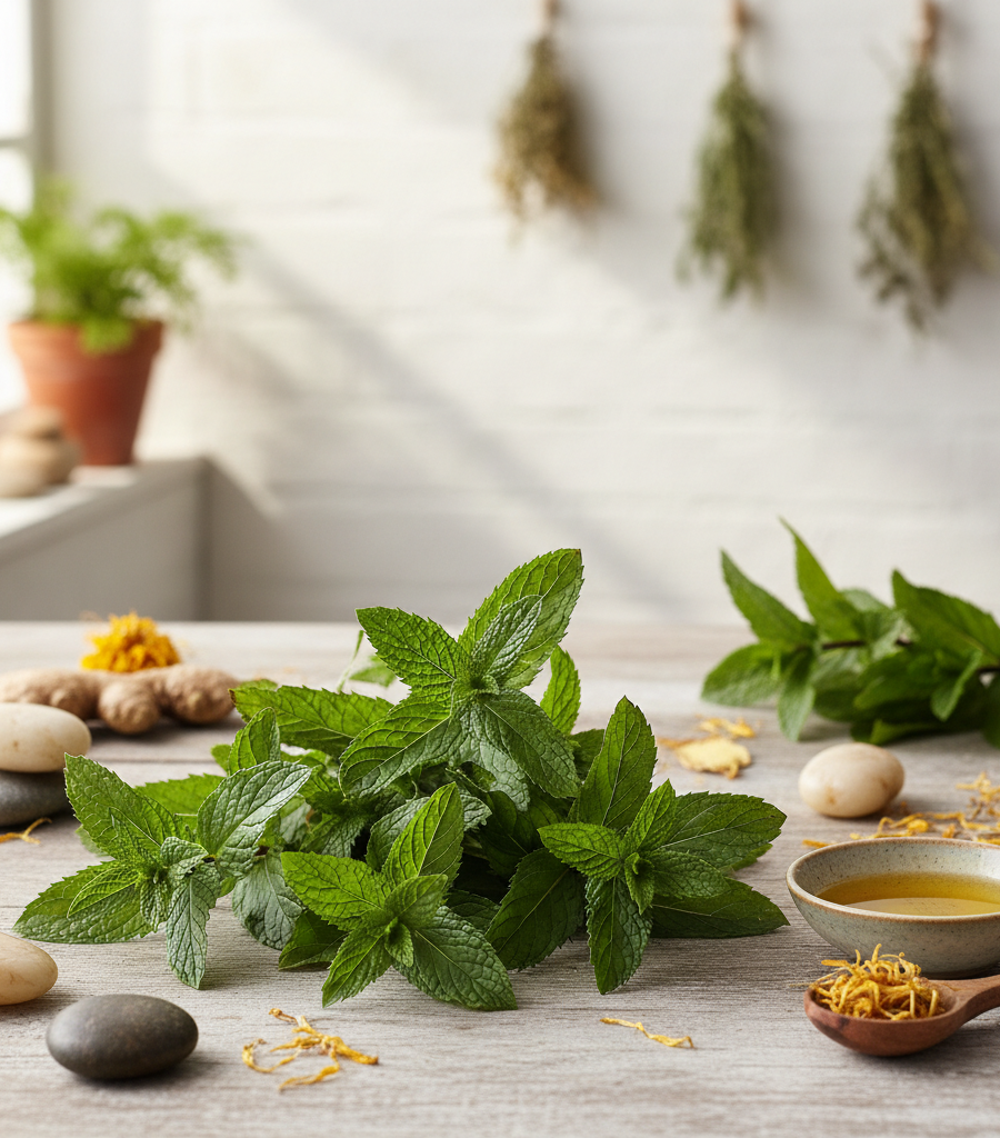 A bouquet of fresh mint and ginger on a wooden table, part of a collection of healthy herbs for cooking and relaxation.