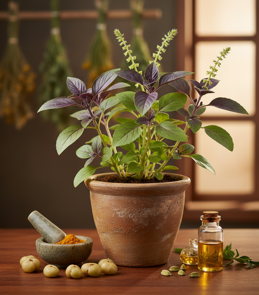 Holy basil (tulsi) in a pot, amla fruits, and turmeric powder, representing traditional and healthy herbs for cooking and healing.