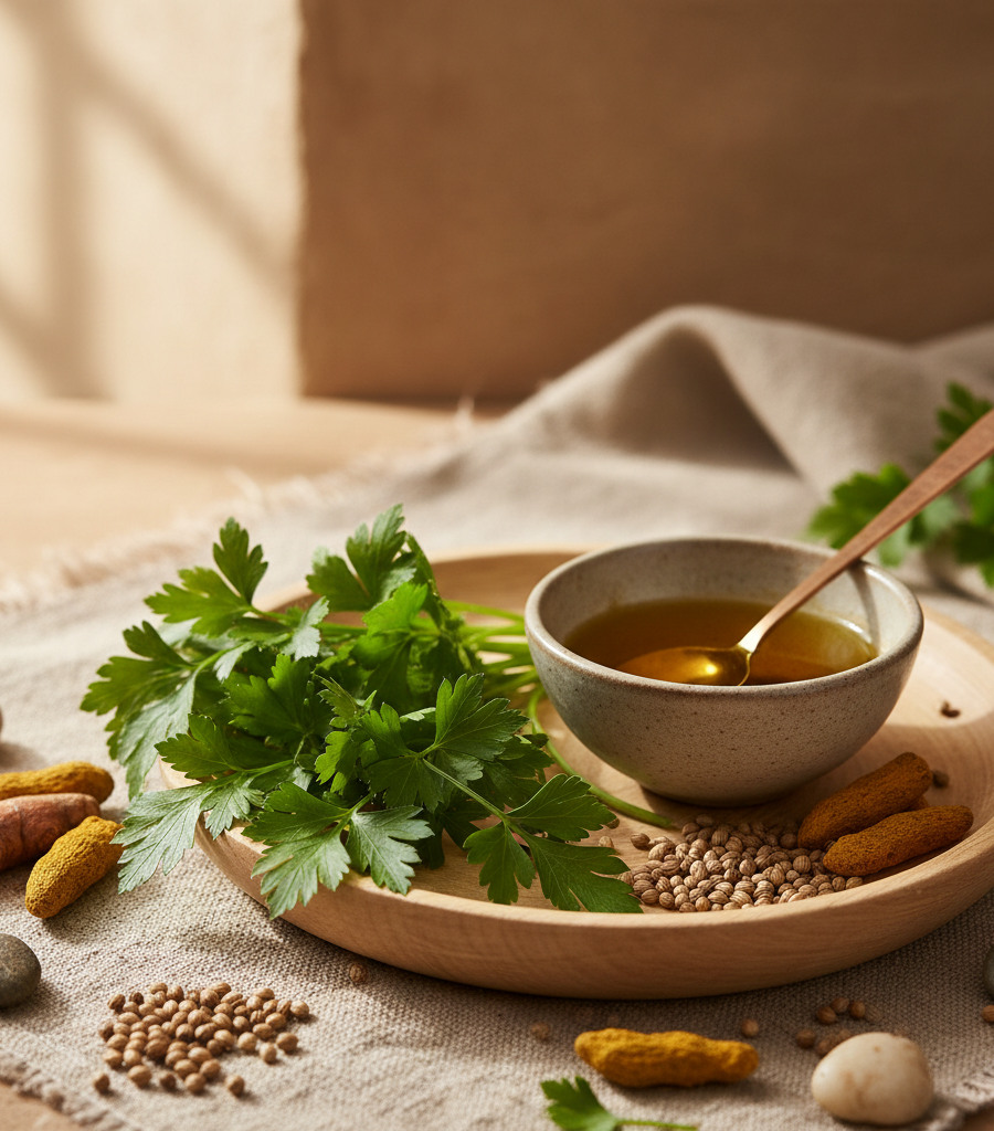 Fresh parsley, turmeric root, and coriander seeds arranged around a bowl of oil, representing healthy cooking herbs.