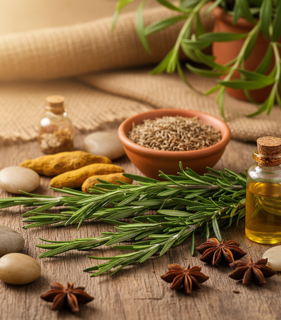 Rosemary sprigs, star anise, turmeric, and other spices on a wooden surface, part of the selection of healthy cooking herbs.
