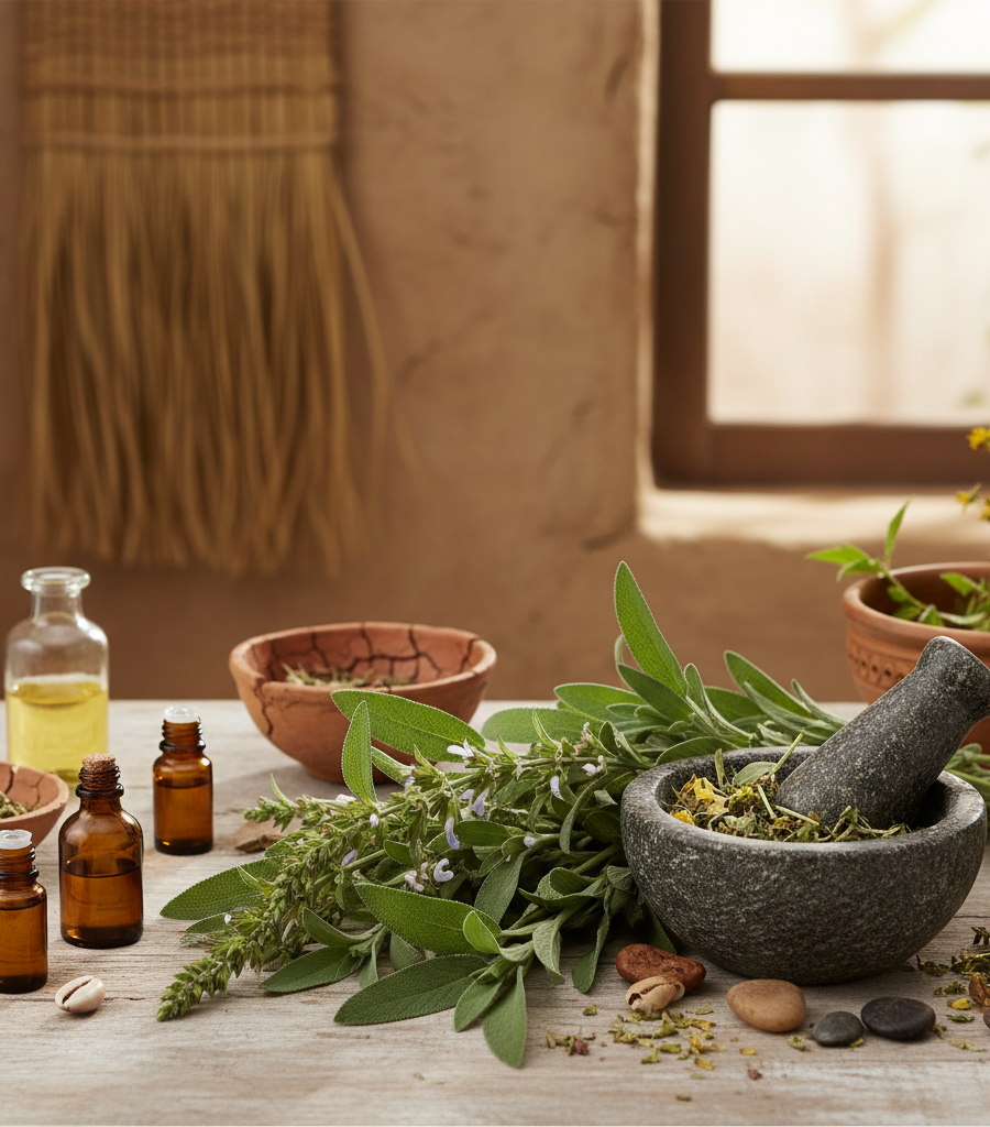 Rustic scene with fresh sage, essential oils, and a mortar, showing healthy cooking herbs and natural use.