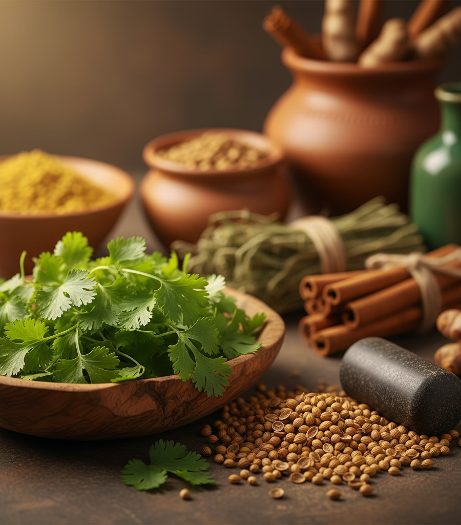 Fresh coriander, coriander seeds, cinnamon sticks, and turmeric in wooden bowls, showing various healthy cooking herbs.