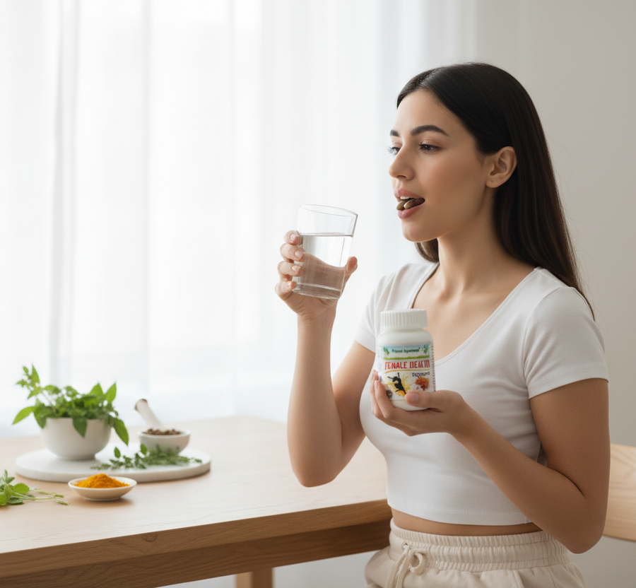 A woman consuming the "Female Health" dietary supplement, with fresh healthy cooking herbs in the background.