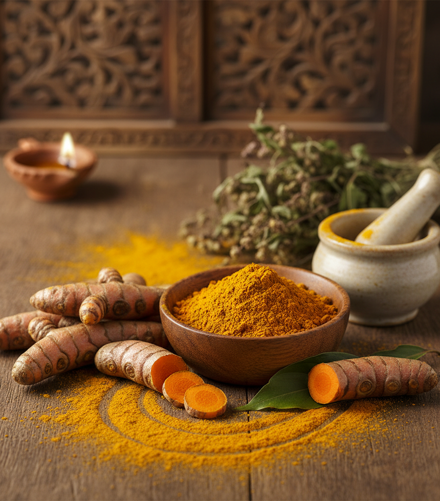Fresh root and pure turmeric powder, basic ingredients for a powerful turmeric and ginger tea.