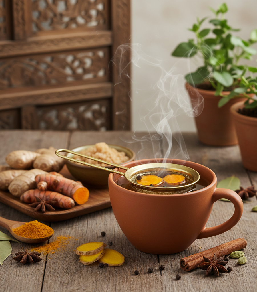 Preparation of homemade turmeric and ginger tea with fresh ingredients for better immunity.