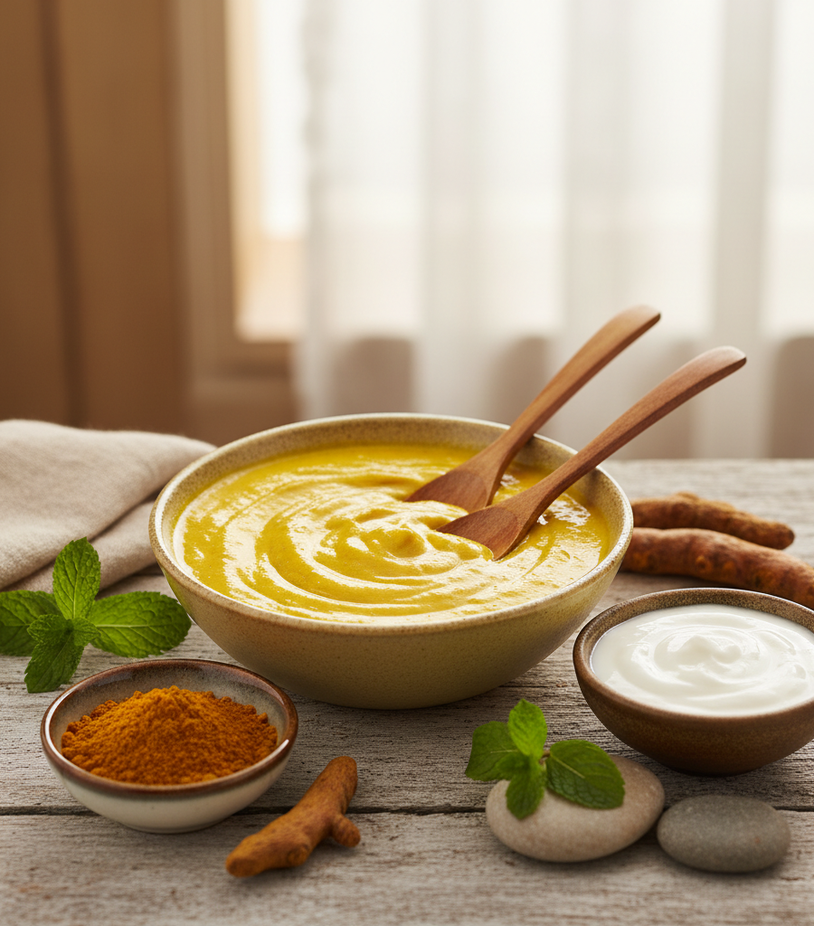 Turmeric face mask as a natural treatment that complements healing turmeric and ginger tea.