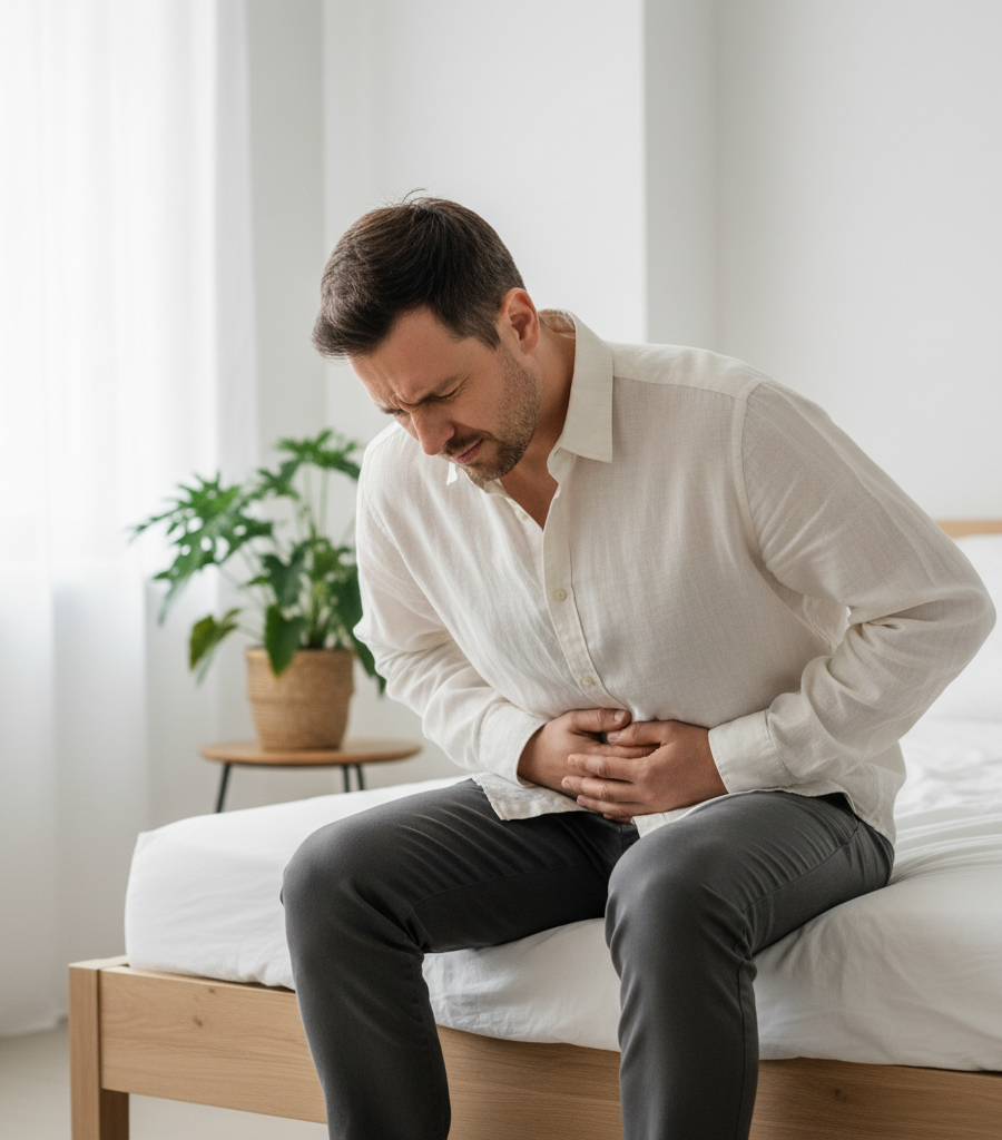A man feeling pain and bloating caused by frequent stomach problems.