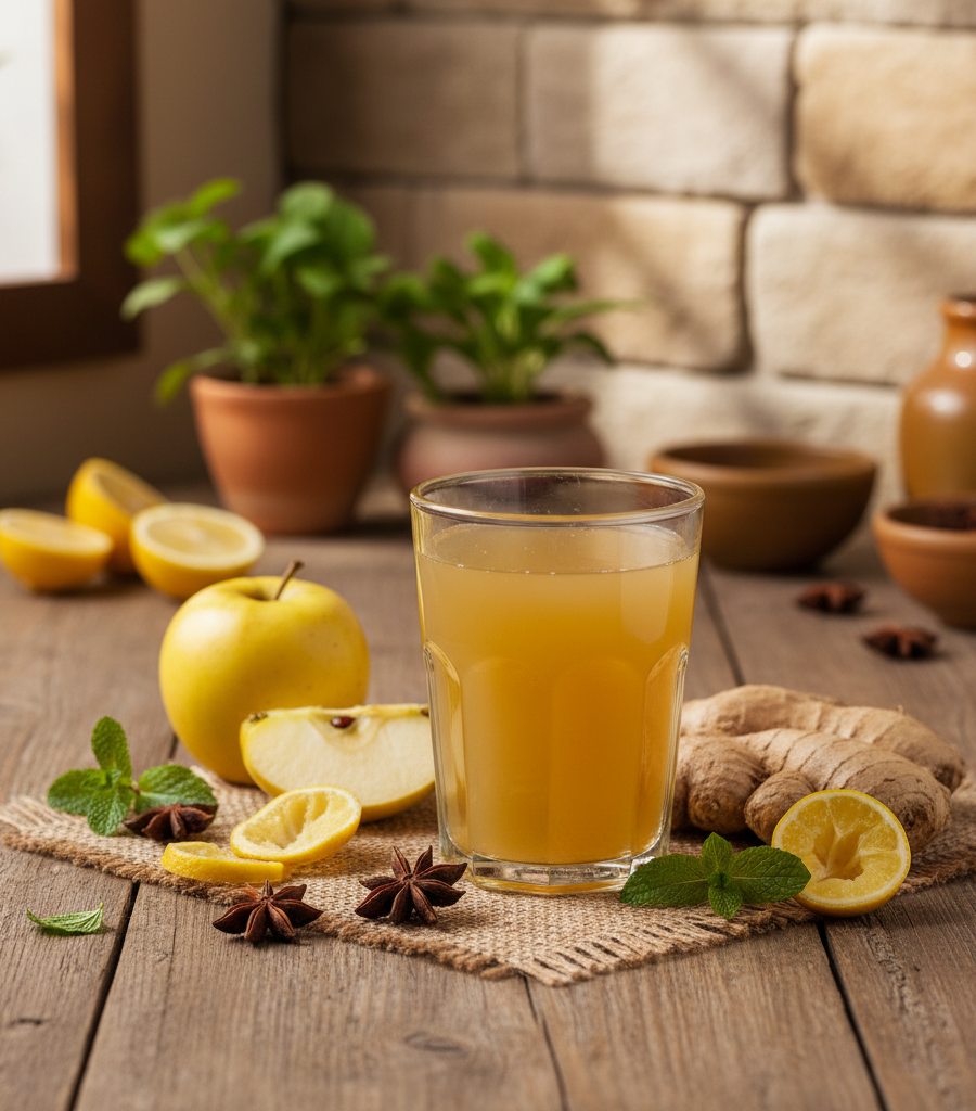 Fresh detox apple and ginger juice as a natural remedy for stomach problems.