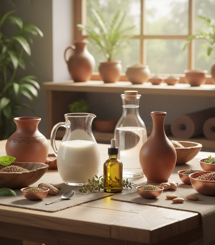 Natural ingredients, essential oils, and herbs for treating stomach problems.