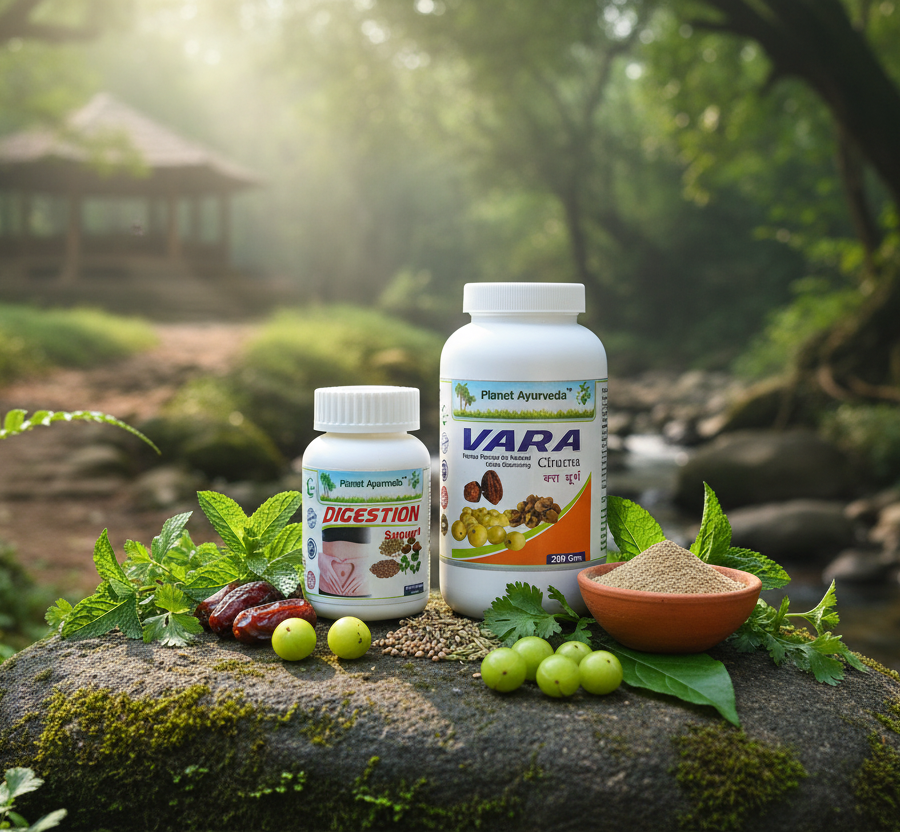 Ayurvedic supplements Digestion Support and Vara Churna for stomach problems.