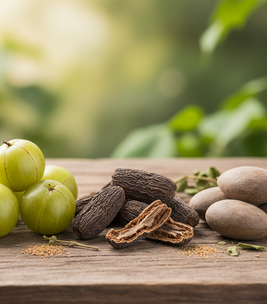 Close-up of Amalaki, Haritaki, and Bibhitaki fruits on a wooden surface, which are the basis for all Triphala health and immunity benefits.