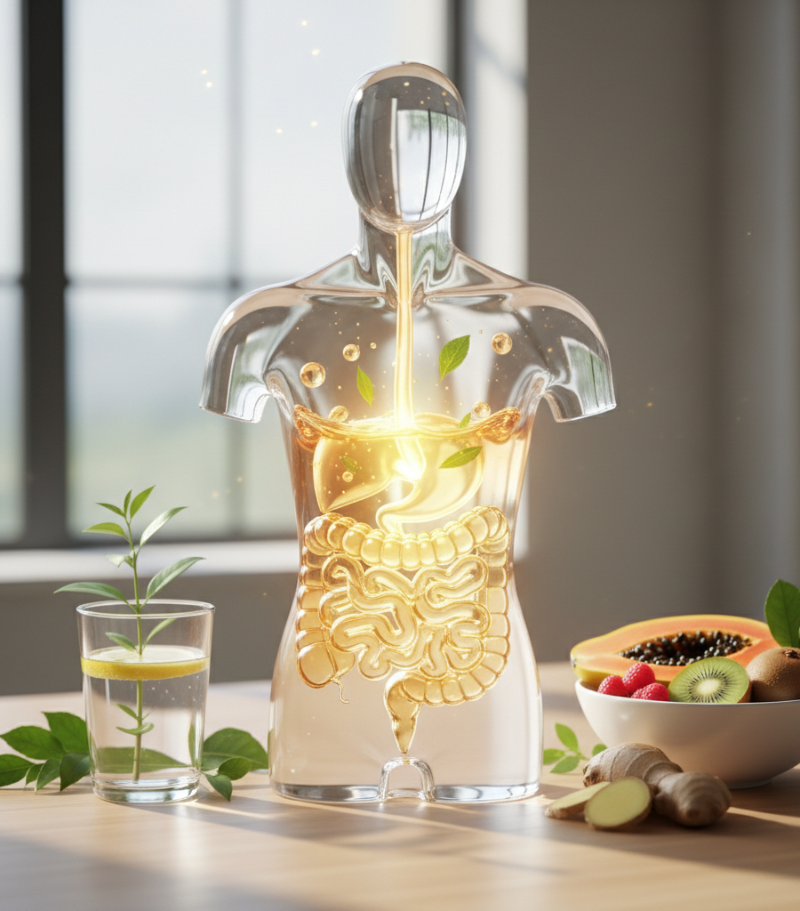 Transparent view of the human body with an emphasis on a healthy digestive system and fruit, symbolizing the powerful Triphala benefits for digestion and metabolism.