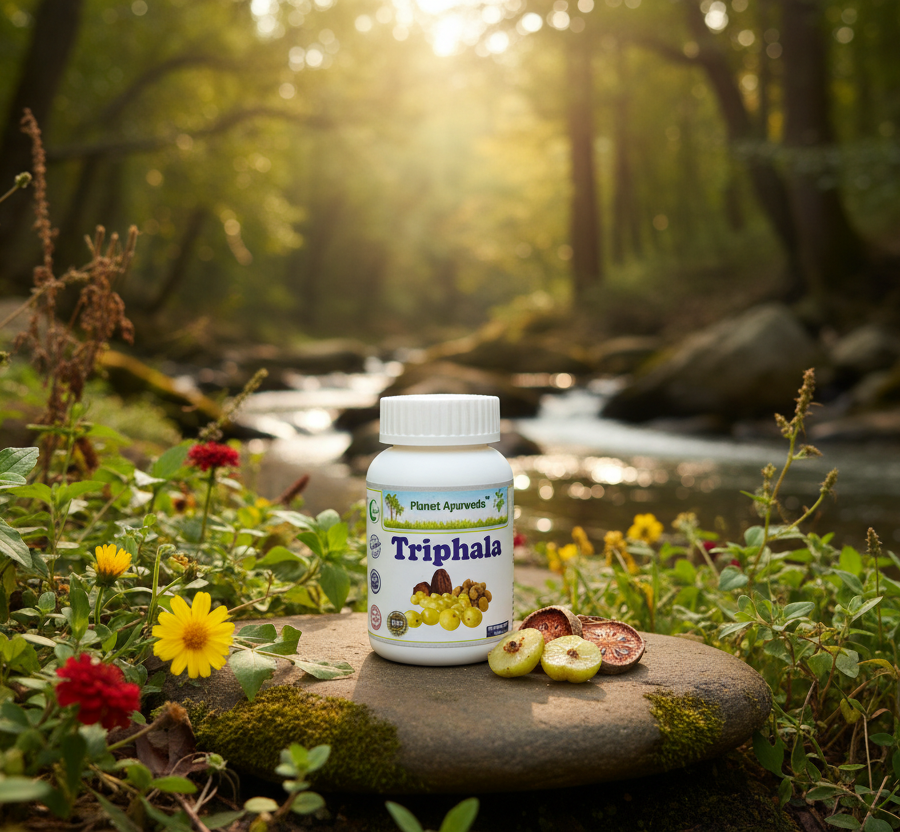 A bottle of Triphala capsules on a stone by a forest stream, showcasing the best Triphala benefits for natural detox.