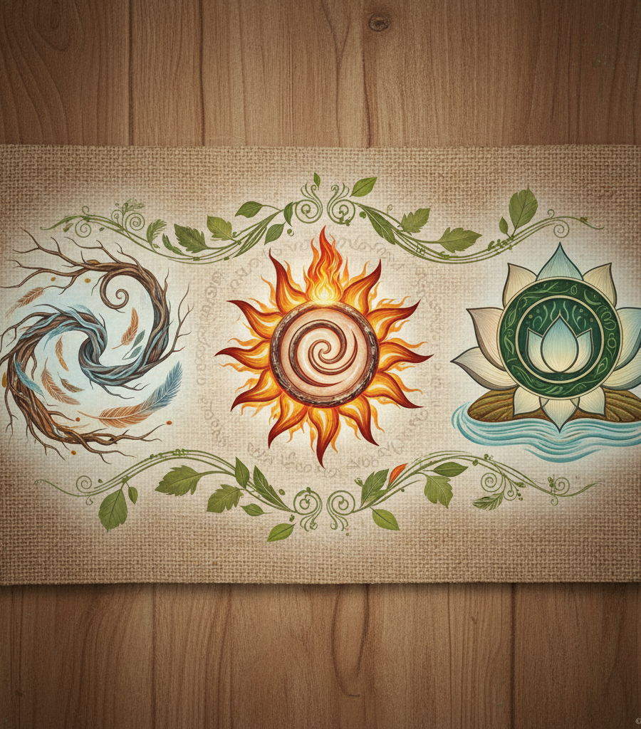 Artistic representation of Vata, Pitta, and Kapha doshas being brought into balance through properly selected Ayurvedic refreshing drinks.