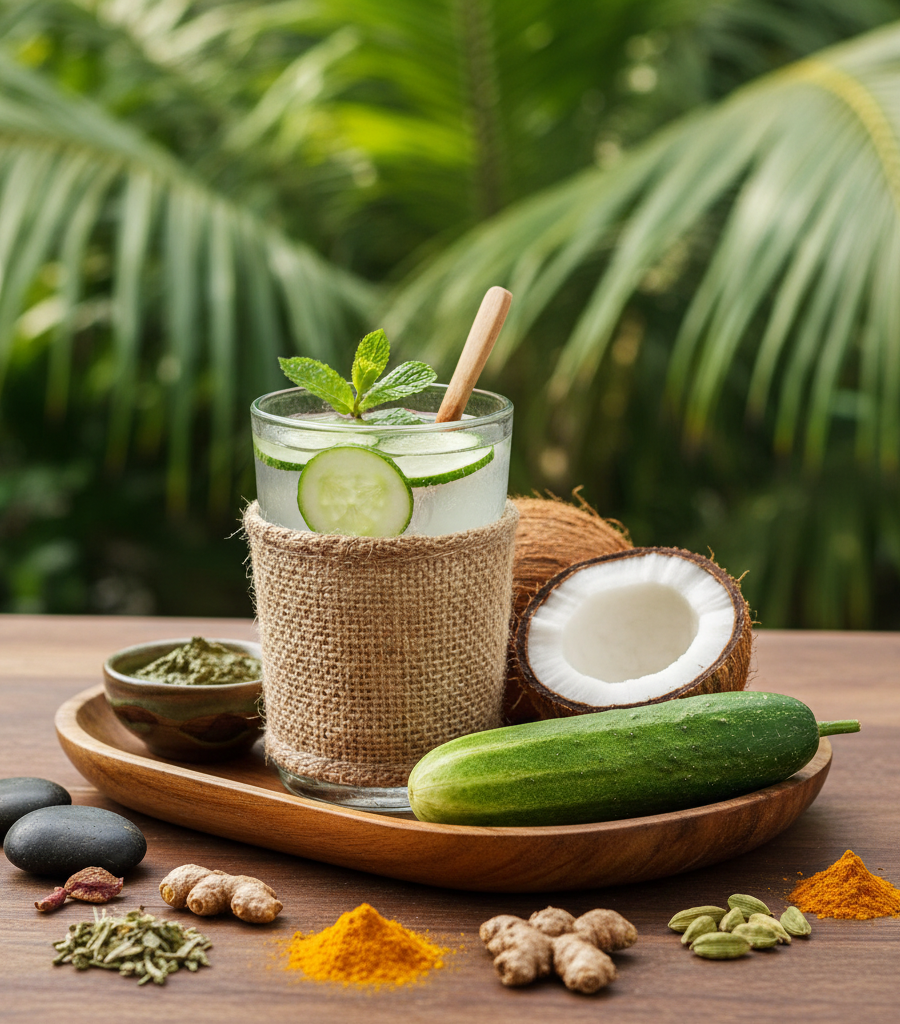 Natural drink made of coconut water and cucumber, categorized among the best Ayurvedic refreshing drinks for summer hydration.