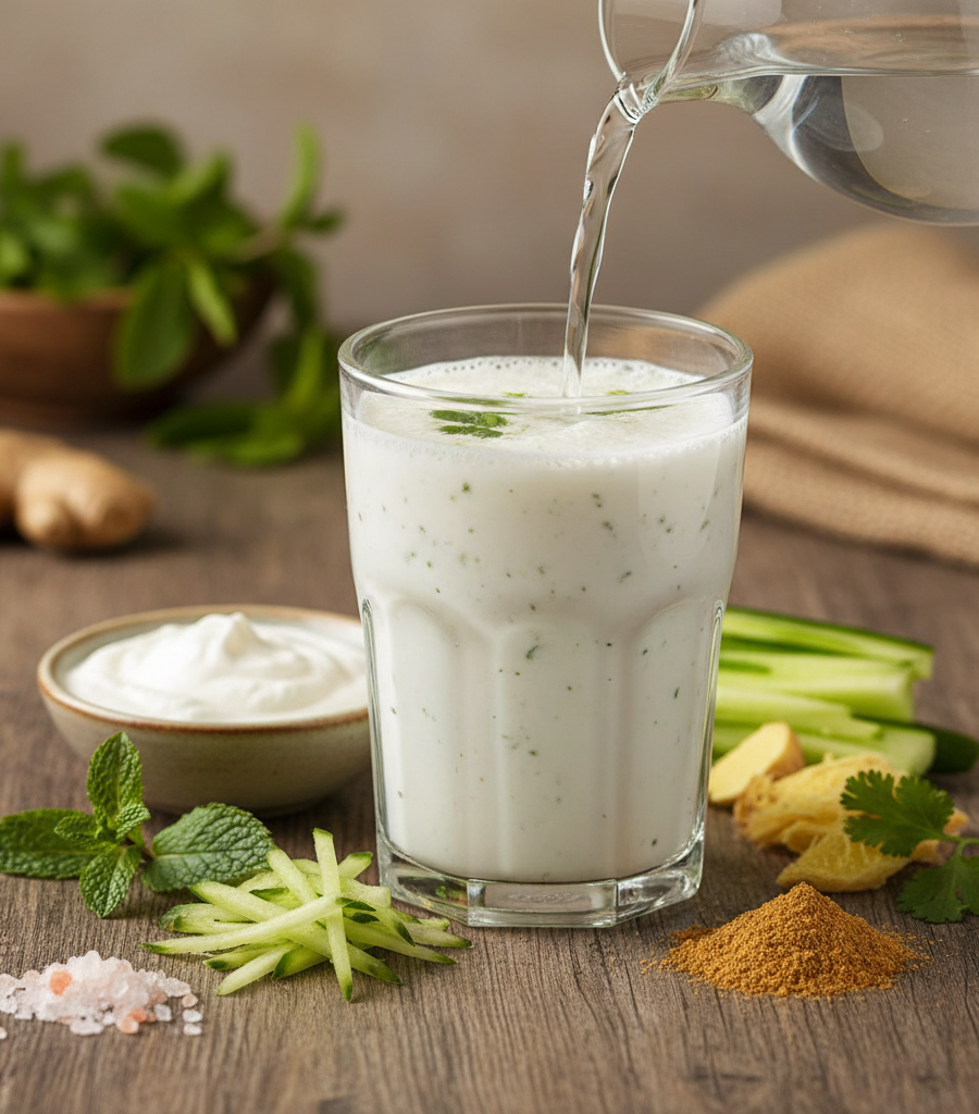 Preparation of traditional Ayurvedic buttermilk with fresh spices and cucumber as an example of nutritious Ayurvedic refreshing drinks.
