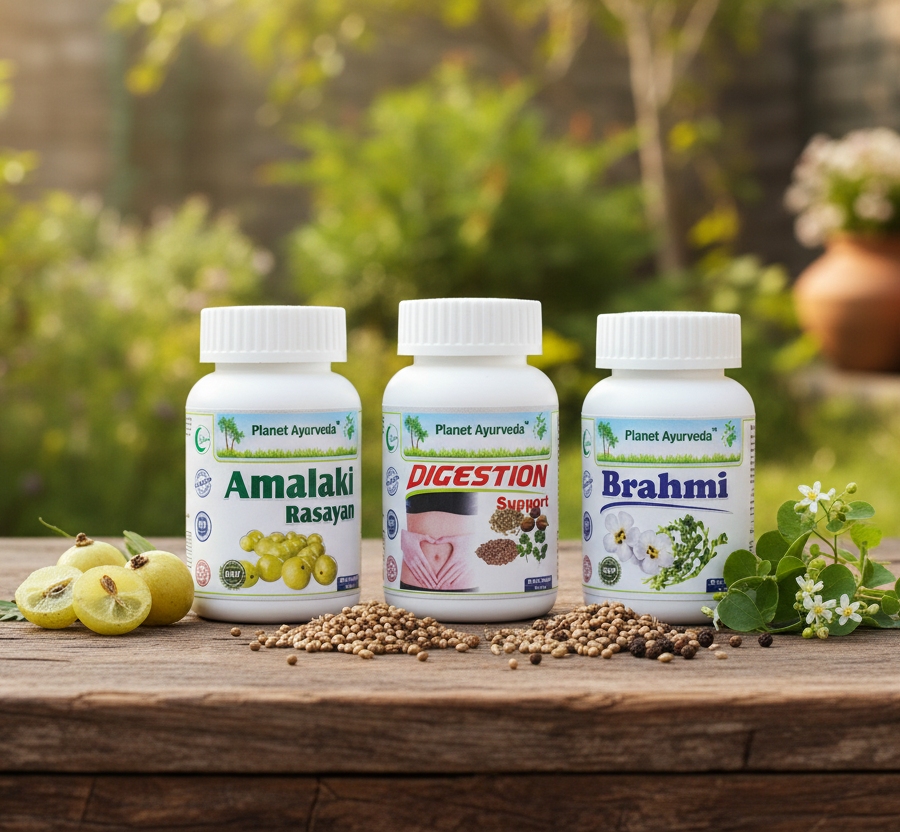 Amalaki, Digestion Support, and Brahmi supplements that complement the effects of your Ayurvedic refreshing drinks.