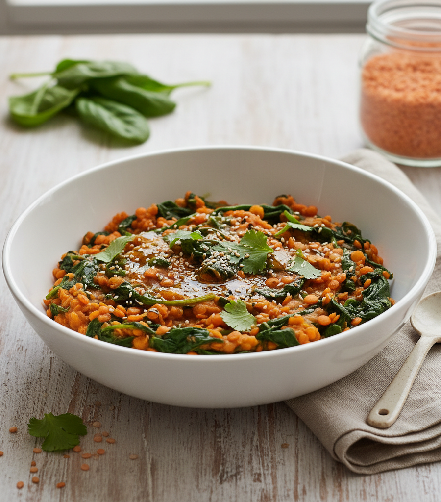 Delicious lentils with spinach and sesame as a powerful plant-based iron-rich food for a better blood count.