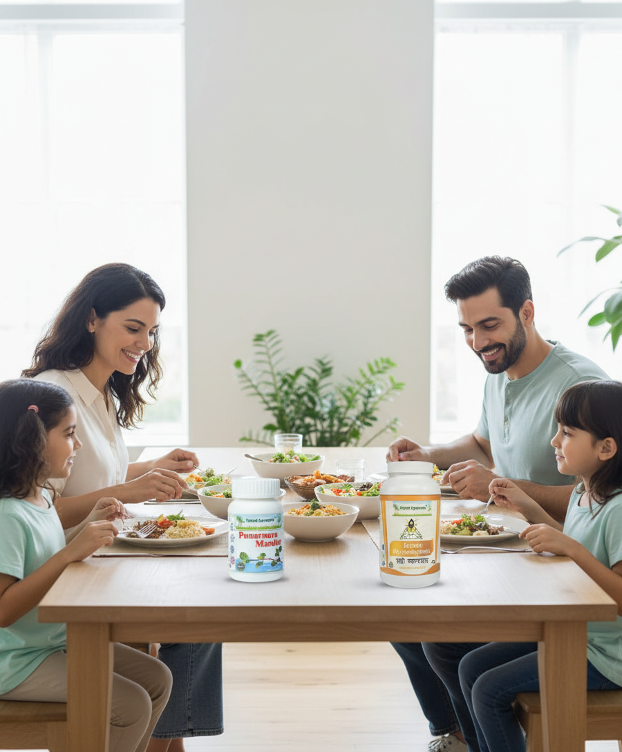 A happy family at a meal with Punarnava Mandur and Brahmi Chyawanprash supplements and healthy iron-rich food.