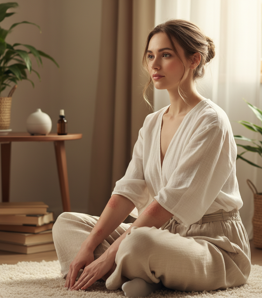 Young woman with visible skin symptoms seeking a holistic approach and natural treatment for psoriasis at home.